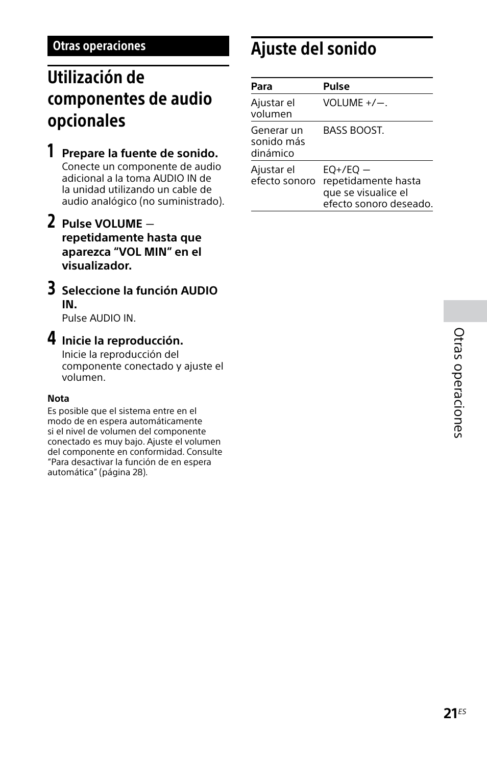 Otras operaciones, Utilización de componentes de audio opcionales, Ajuste del sonido | Utilización de componentes de, Audio opcionales ajuste del sonido, Otr as oper aciones | Sony MHC-EC719IP User Manual | Page 53 / 68