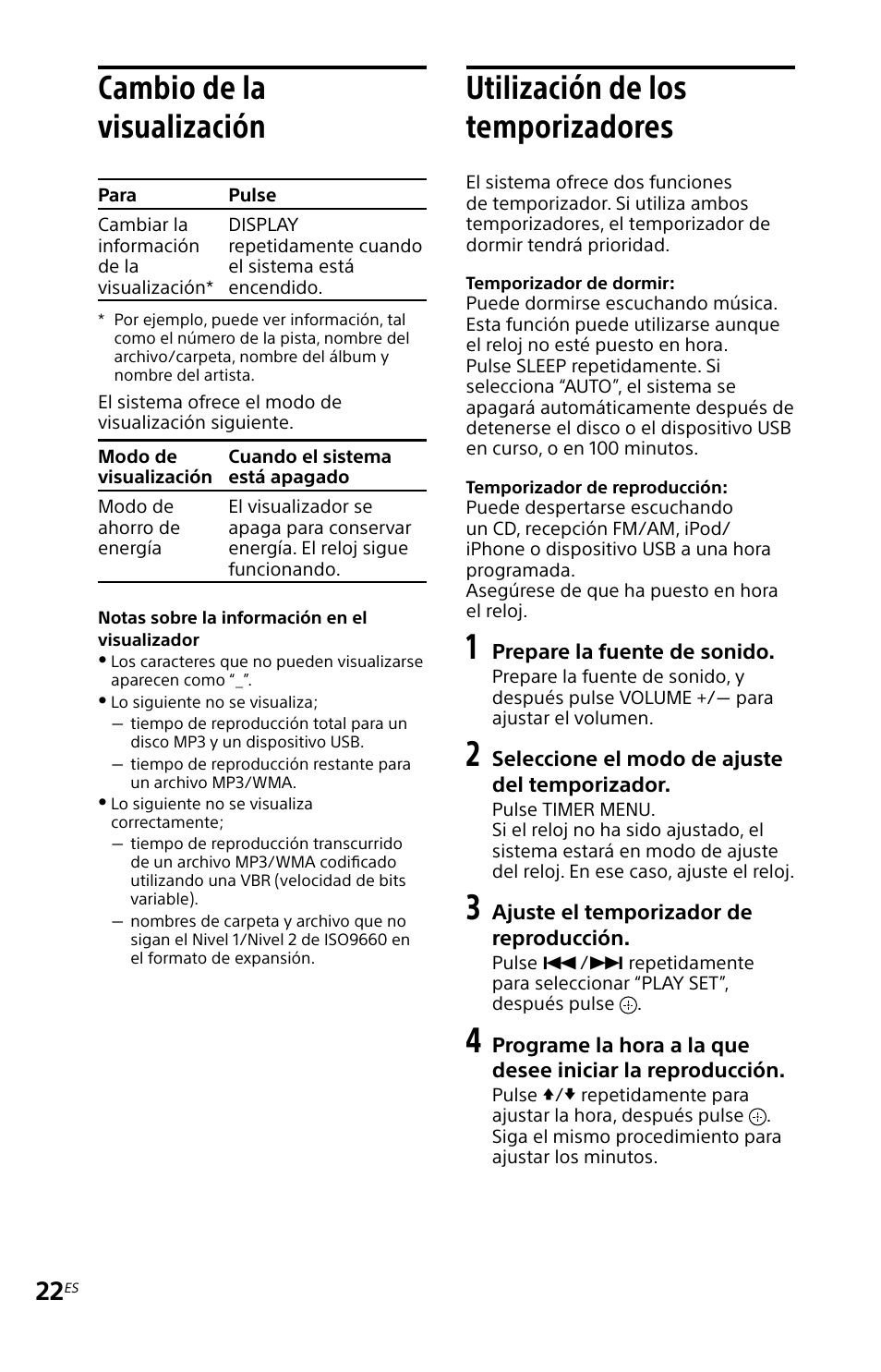 Cambio de la visualización, Utilización de los temporizadores, Cambio de la visualización utilización de los | Temporizadores | Sony MHC-EC719IP User Manual | Page 54 / 68