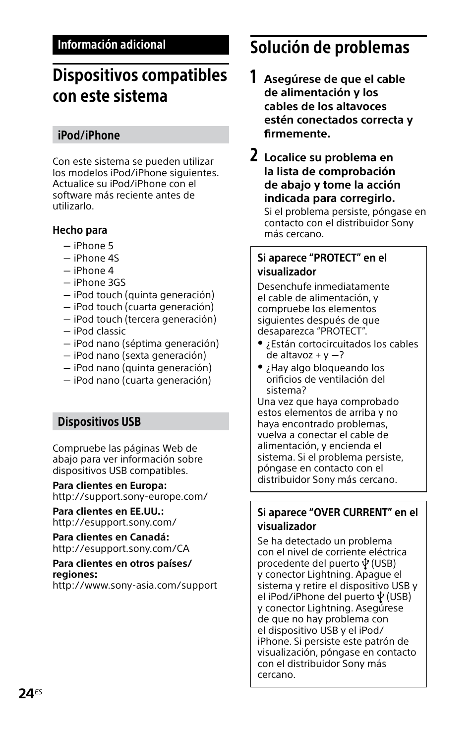 Información adicional, Dispositivos compatibles con este sistema, Solución de problemas | Dispositivos compatibles con, Este sistema solución de problemas, Ipod/iphone, Dispositivos usb | Sony MHC-EC719IP User Manual | Page 56 / 68