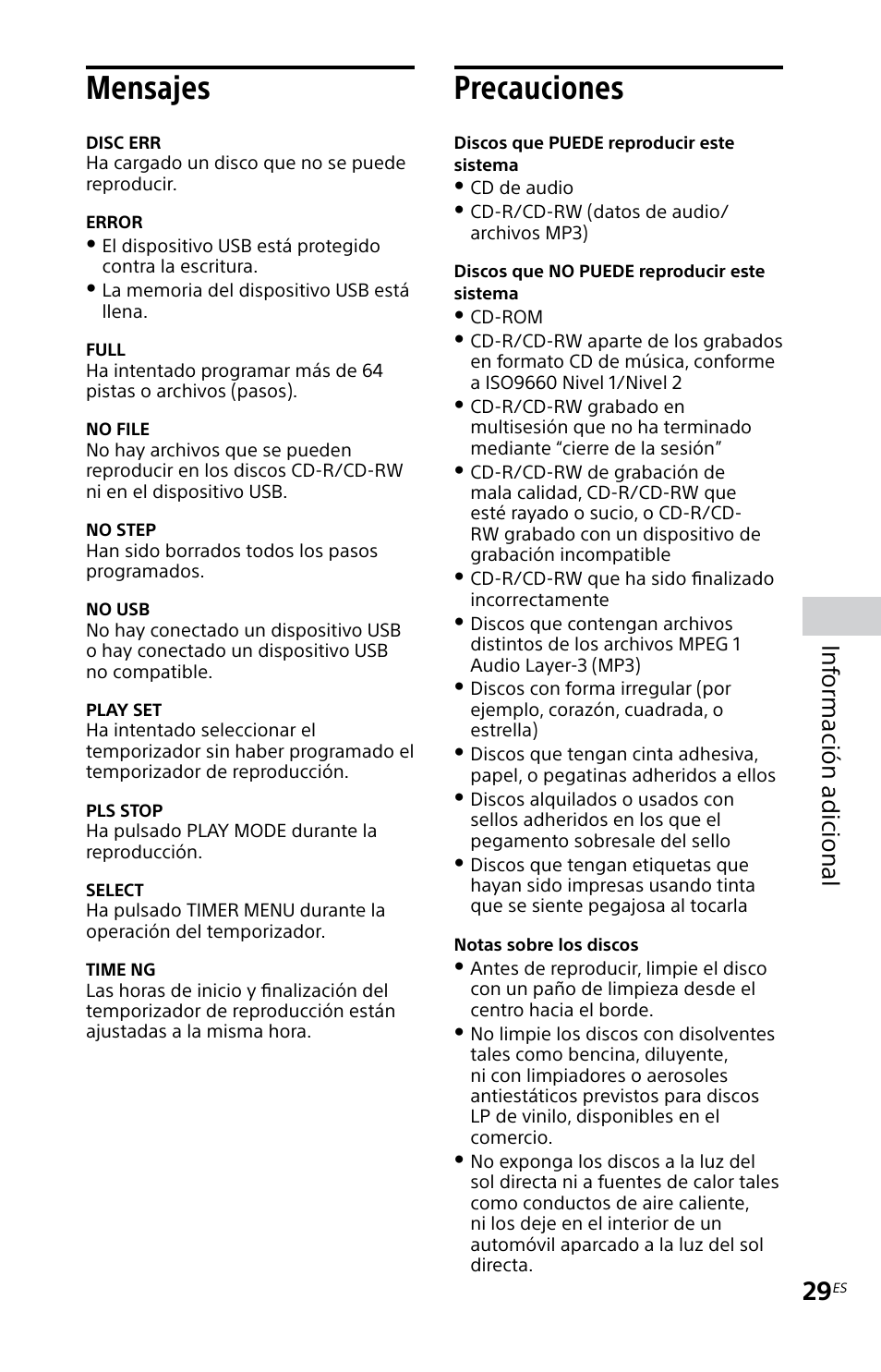 Mensajes, Precauciones, Mensajes precauciones | Inf ormación adicional | Sony MHC-EC719IP User Manual | Page 61 / 68