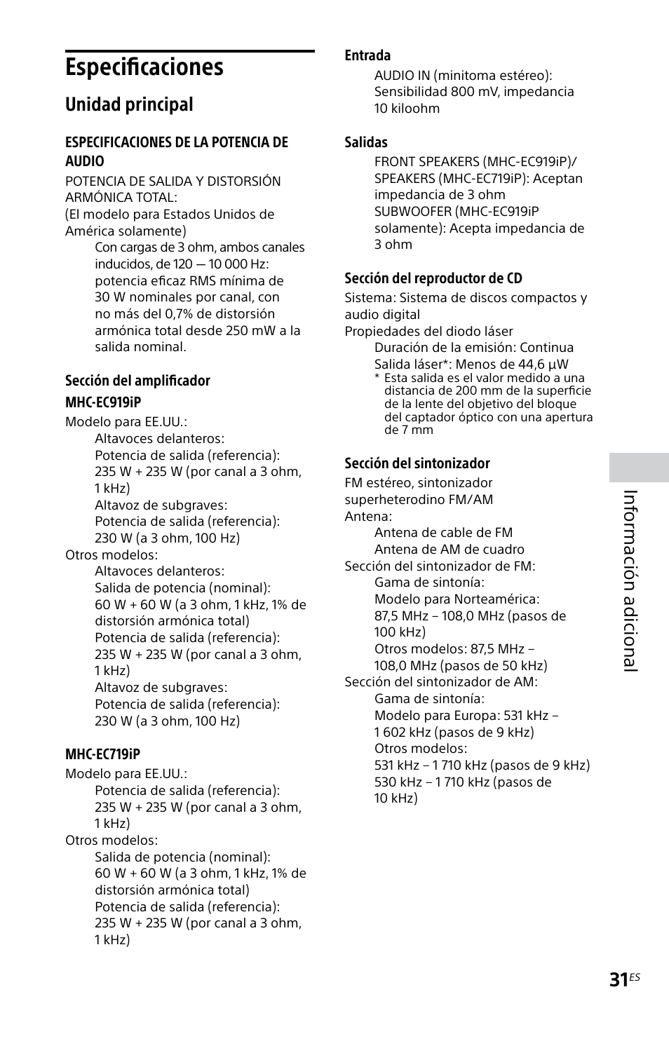 Especificaciones, Unidad principal, Inf ormación adicional | Sony MHC-EC719IP User Manual | Page 63 / 68