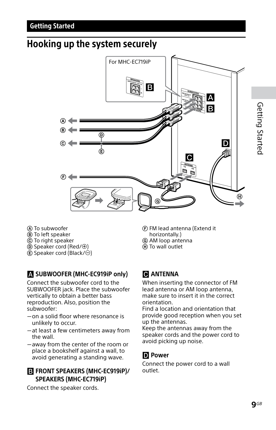 Getting started, Hooking up the system securely, Hooking up the system | Securely, Getting s tar te d | Sony MHC-EC719IP User Manual | Page 9 / 68