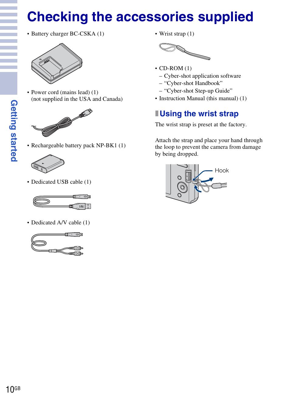 Getting started, Checking the accessories supplied, Get ting st art e d | Xusing the wrist strap | Sony DSC-W190 User Manual | Page 10 / 112