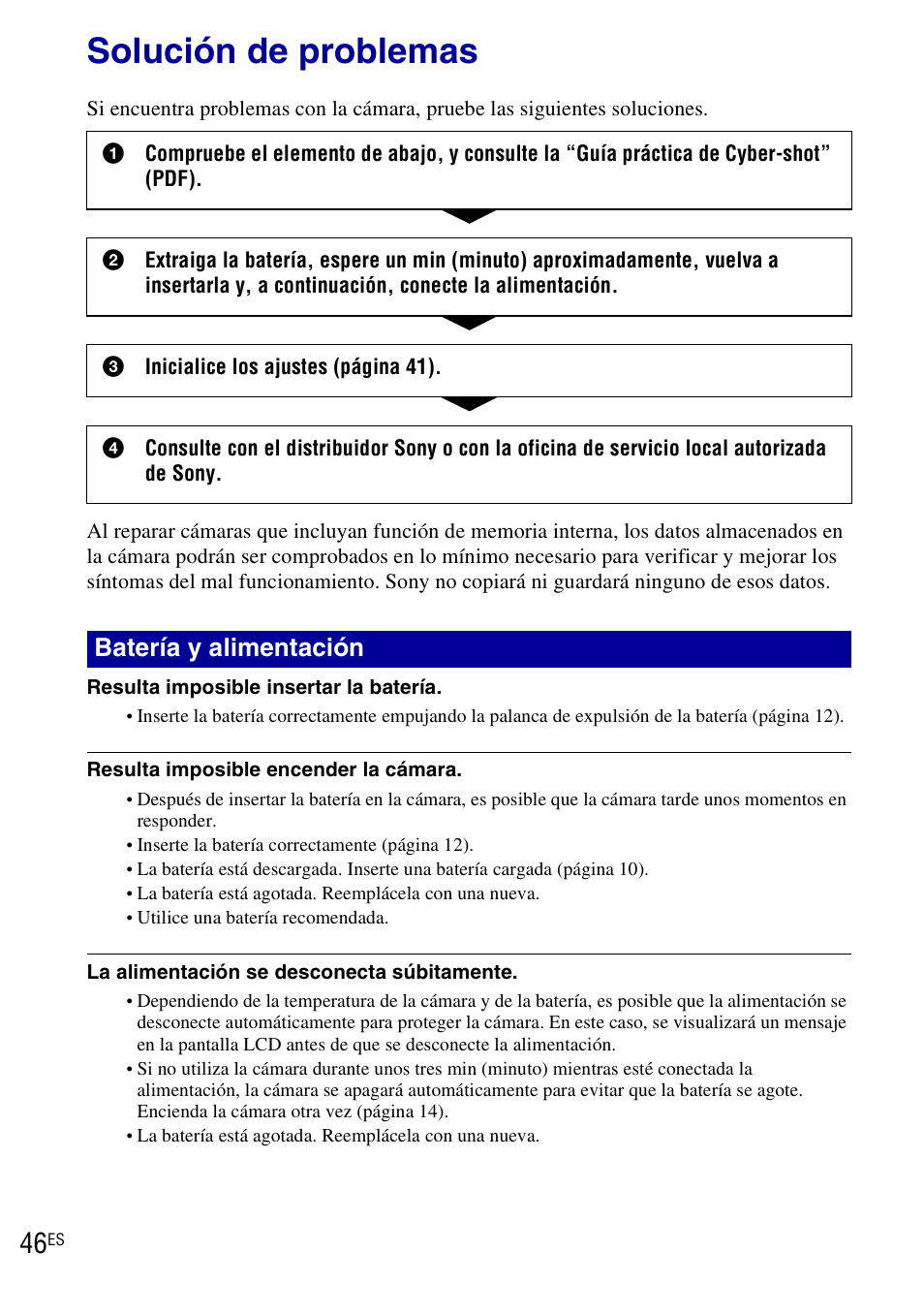 Solución de problemas, Batería y alimentación | Sony DSC-W190 User Manual | Page 100 / 112