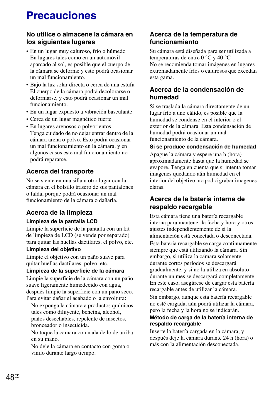 Precauciones | Sony DSC-W190 User Manual | Page 102 / 112