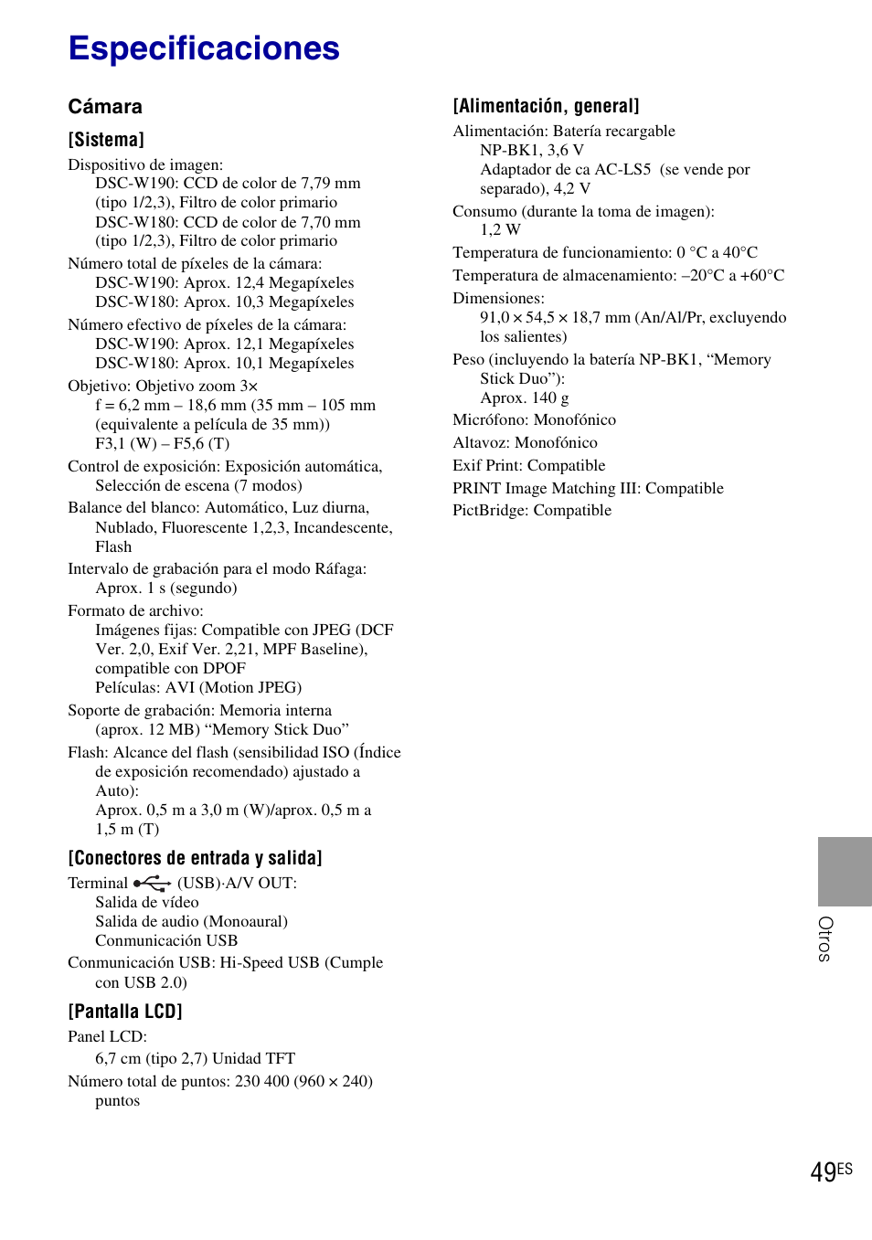 Especificaciones | Sony DSC-W190 User Manual | Page 103 / 112