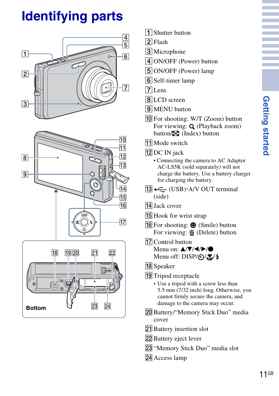 Identifying parts, Get ting st art e d | Sony DSC-W190 User Manual | Page 11 / 112
