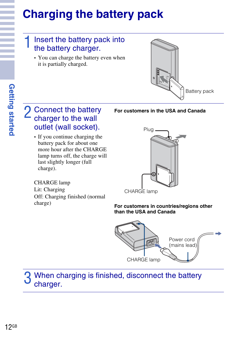 Charging the battery pack | Sony DSC-W190 User Manual | Page 12 / 112