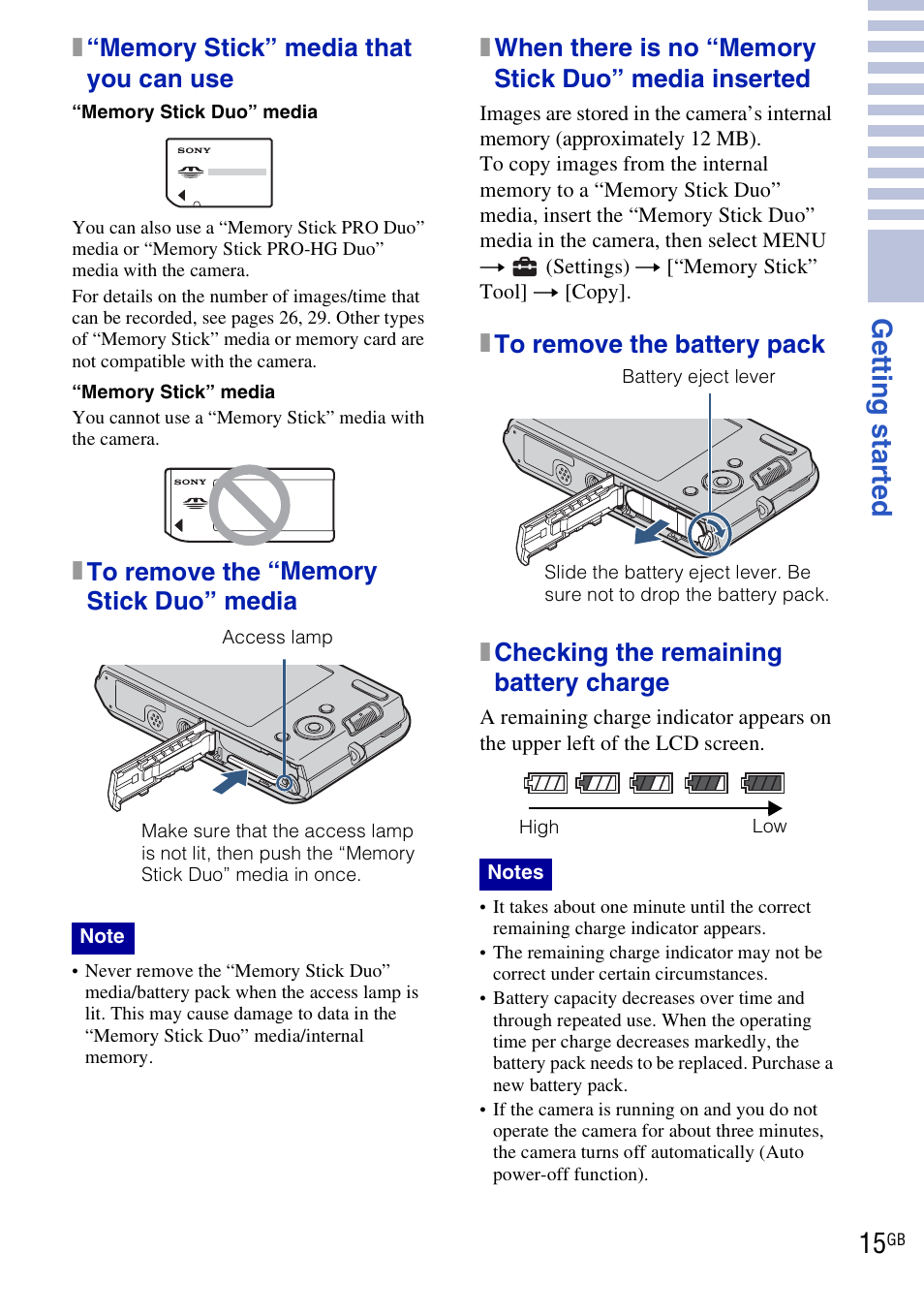 Get ting st art e d 15 | Sony DSC-W190 User Manual | Page 15 / 112