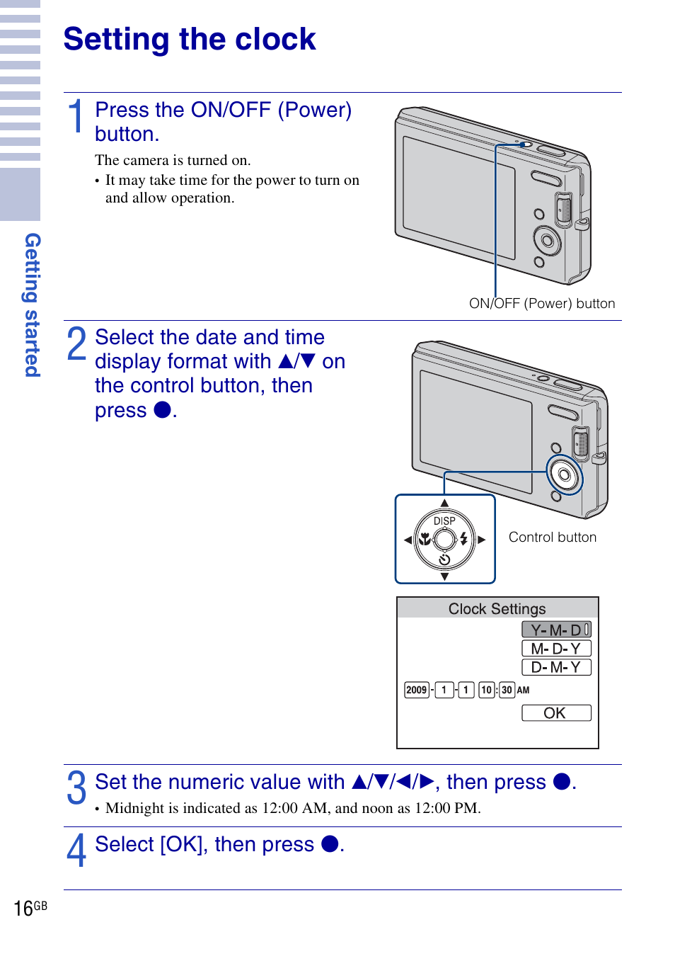 Setting the clock | Sony DSC-W190 User Manual | Page 16 / 112