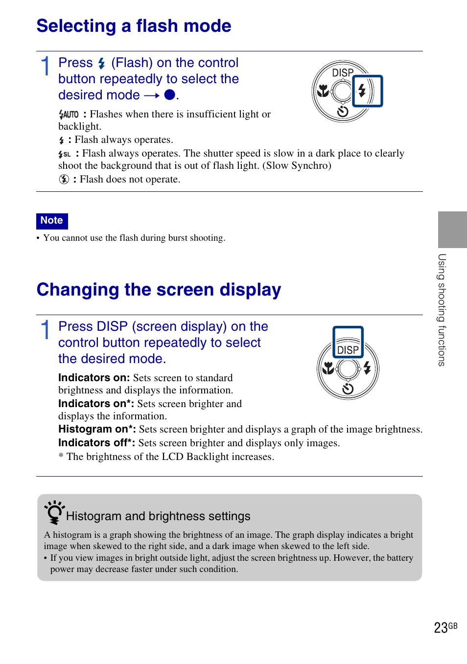 Selecting a flash mode, Changing the screen display, Selecting a flash mode changing the screen display | Sony DSC-W190 User Manual | Page 23 / 112