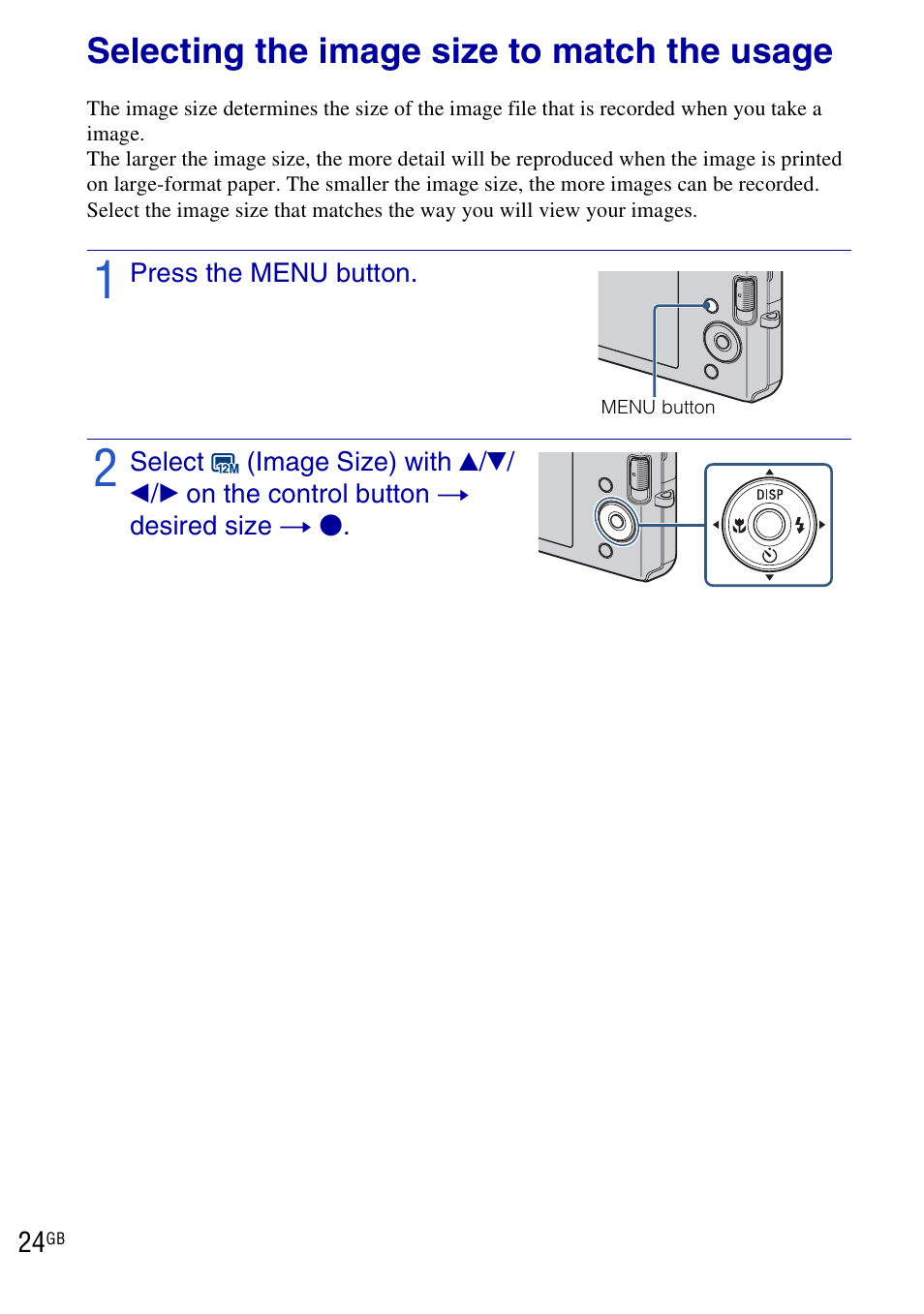 Selecting the image size to match the usage | Sony DSC-W190 User Manual | Page 24 / 112