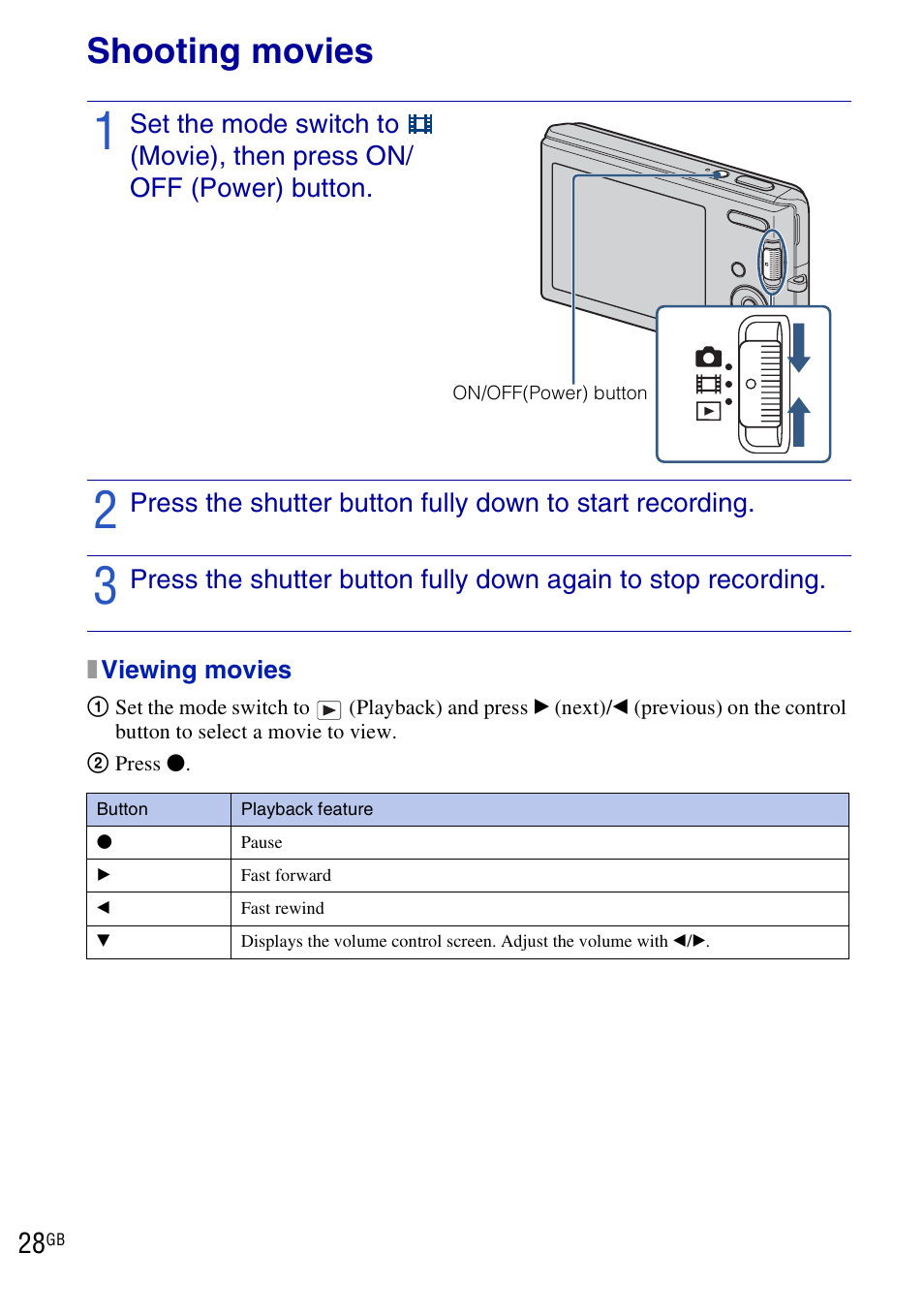 Shooting movies | Sony DSC-W190 User Manual | Page 28 / 112