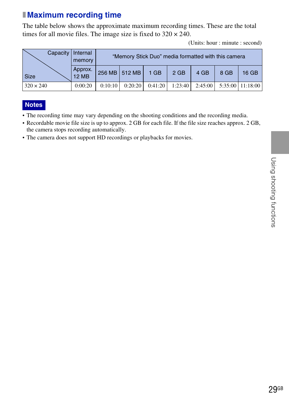 Xmaximum recording time | Sony DSC-W190 User Manual | Page 29 / 112