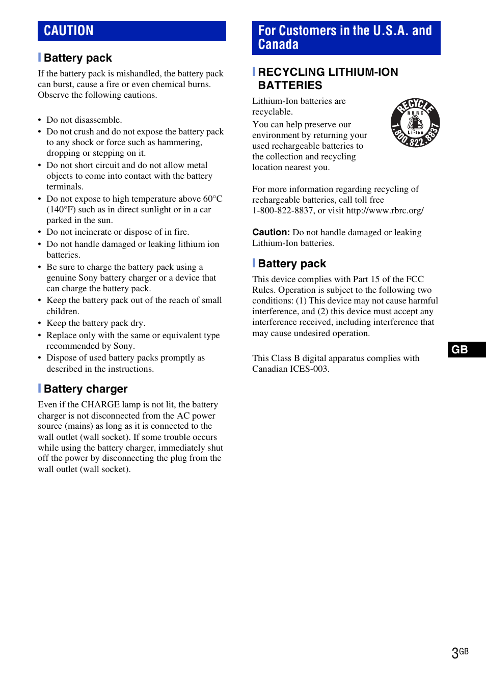 Caution for customers in the u.s.a. and canada | Sony DSC-W190 User Manual | Page 3 / 112