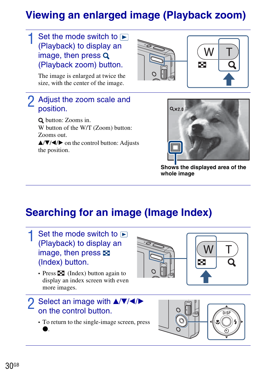 Using viewing functions, Viewing an enlarged image (playback zoom), Searching for an image (image index) | Sony DSC-W190 User Manual | Page 30 / 112
