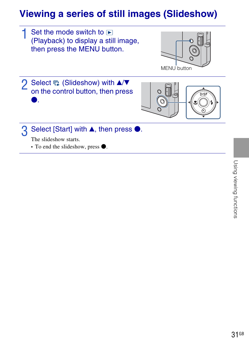 Viewing a series of still images (slideshow) | Sony DSC-W190 User Manual | Page 31 / 112