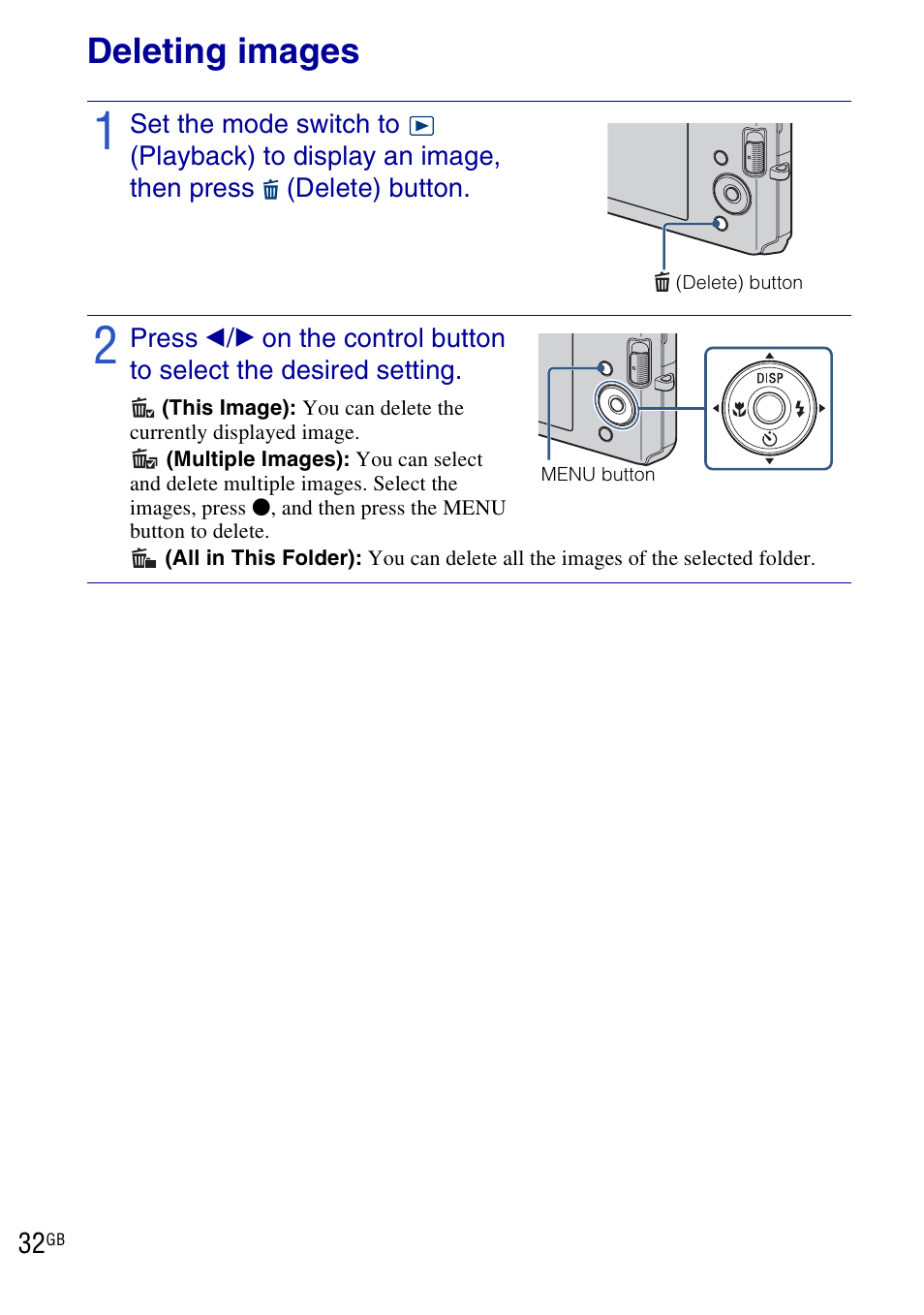 Deleting images | Sony DSC-W190 User Manual | Page 32 / 112