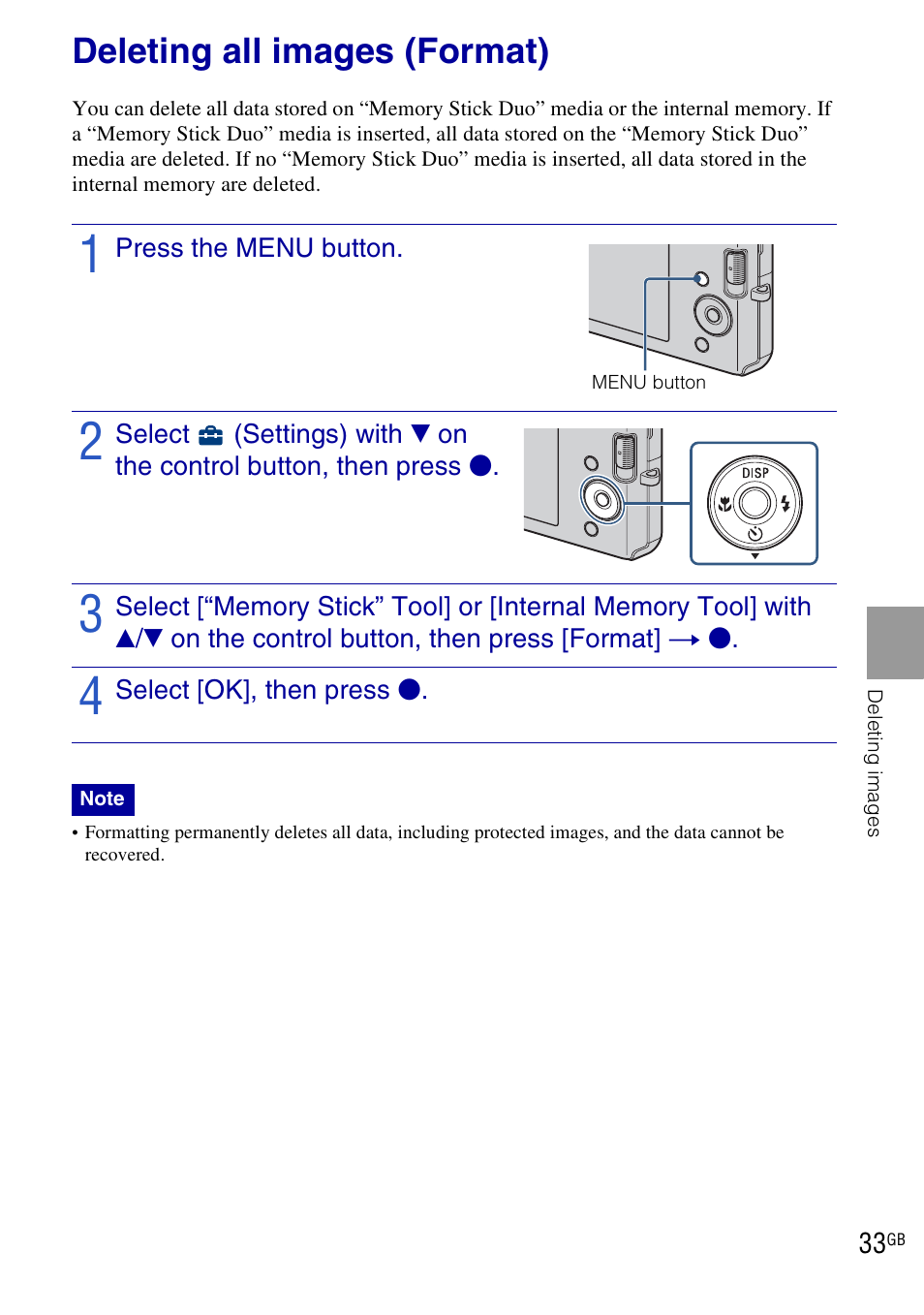 Deleting all images (format) | Sony DSC-W190 User Manual | Page 33 / 112