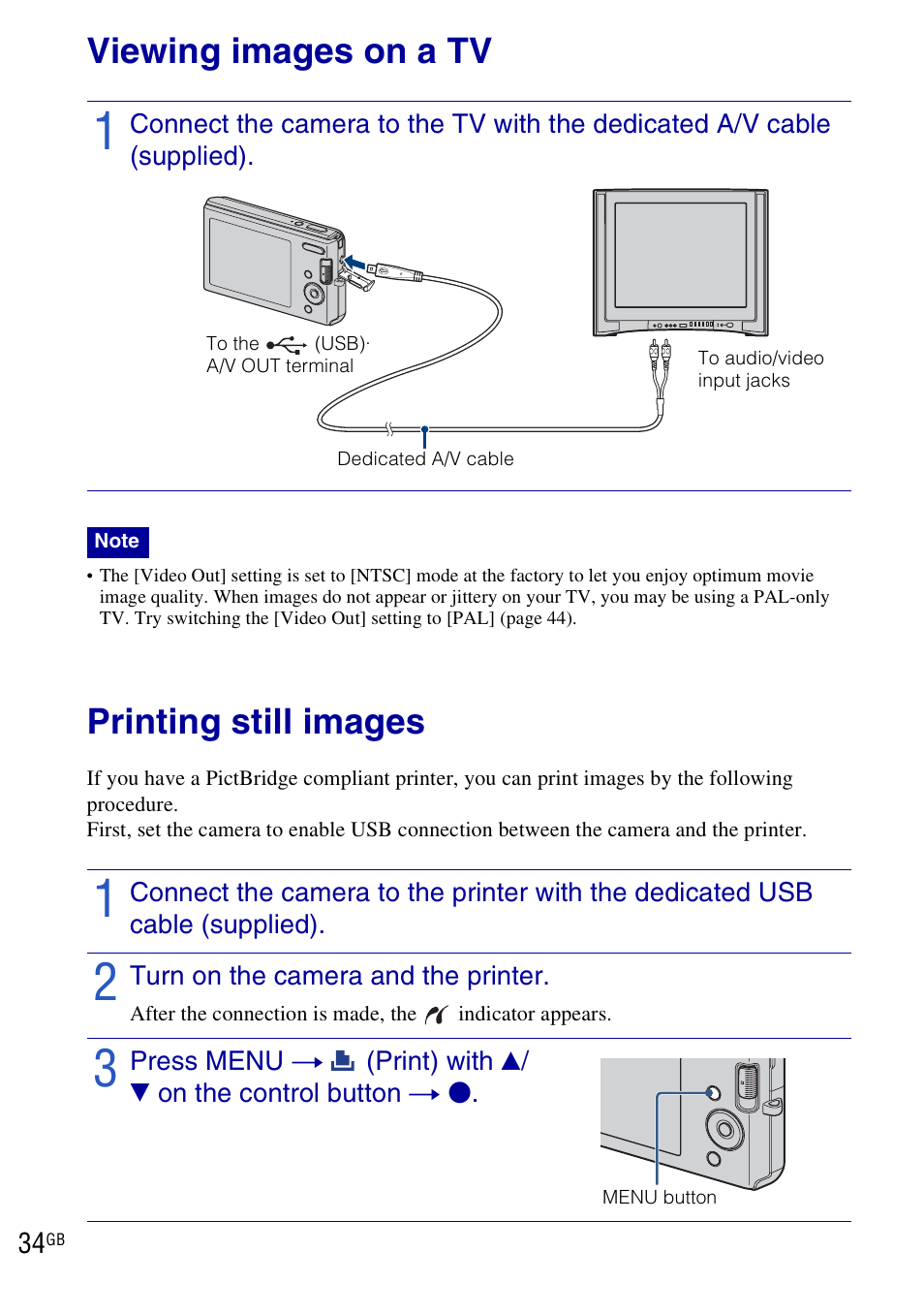 Connecting to other devices, Viewing images on a tv, Printing still images | Sony DSC-W190 User Manual | Page 34 / 112