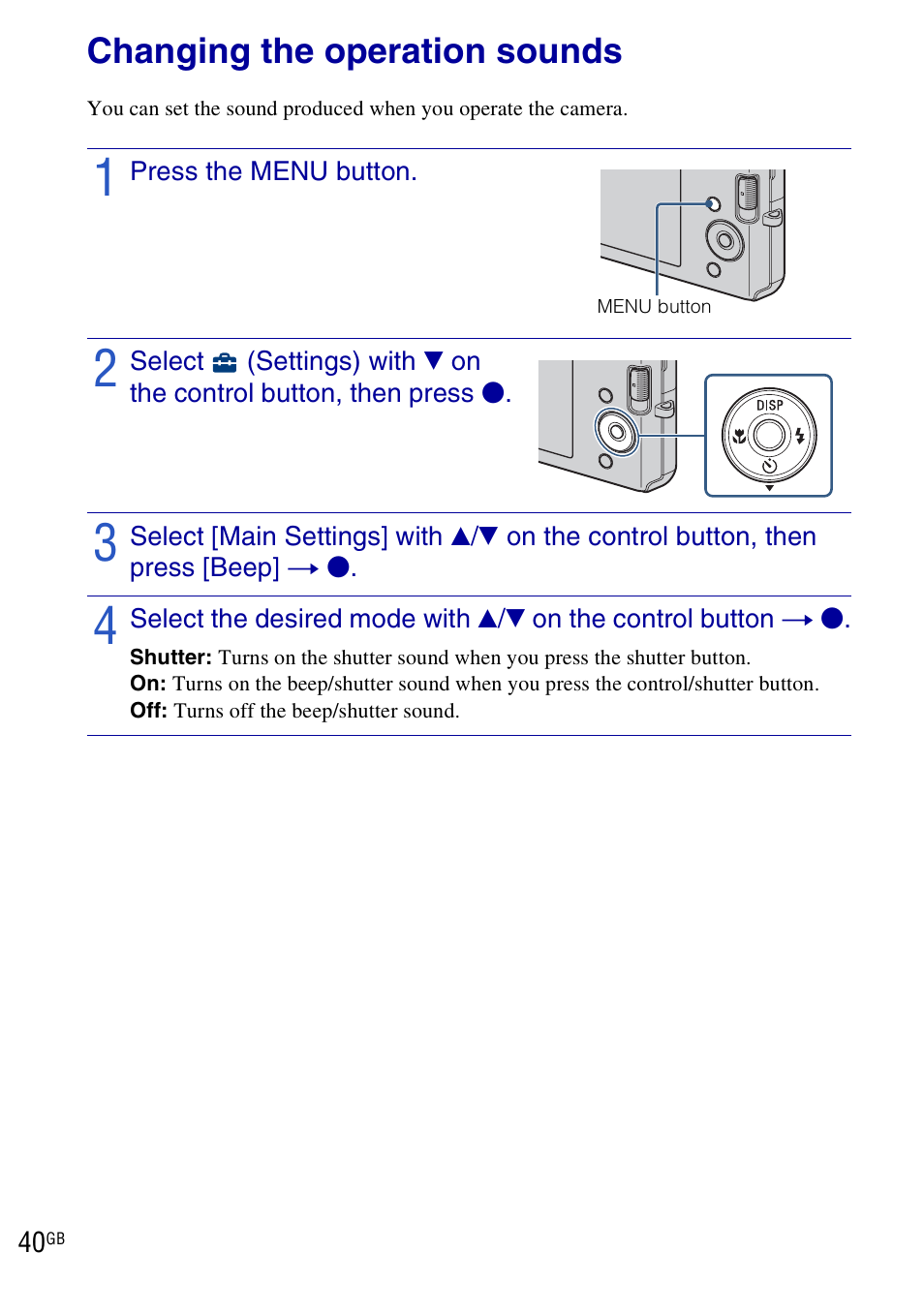 Changing camera settings, Changing the operation sounds | Sony DSC-W190 User Manual | Page 40 / 112
