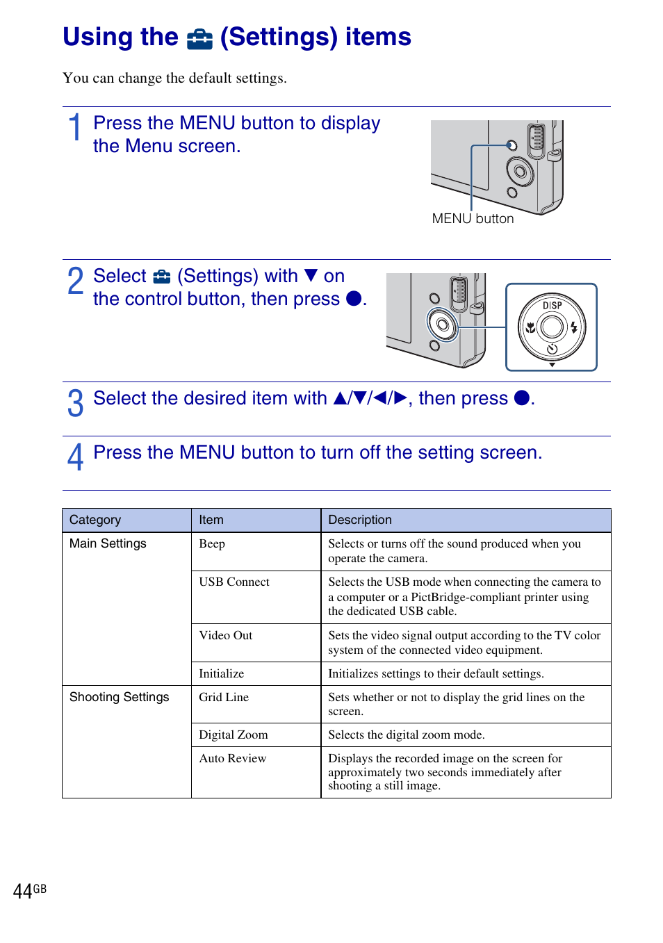 Using the (settings) items, Using the, Settings) items | Sony DSC-W190 User Manual | Page 44 / 112