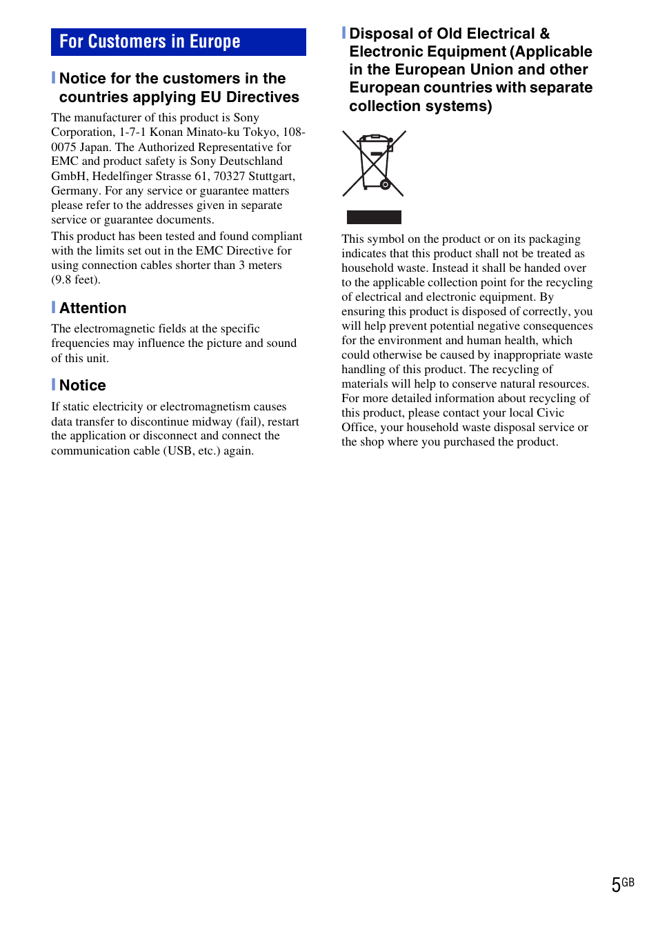 For customers in europe | Sony DSC-W190 User Manual | Page 5 / 112