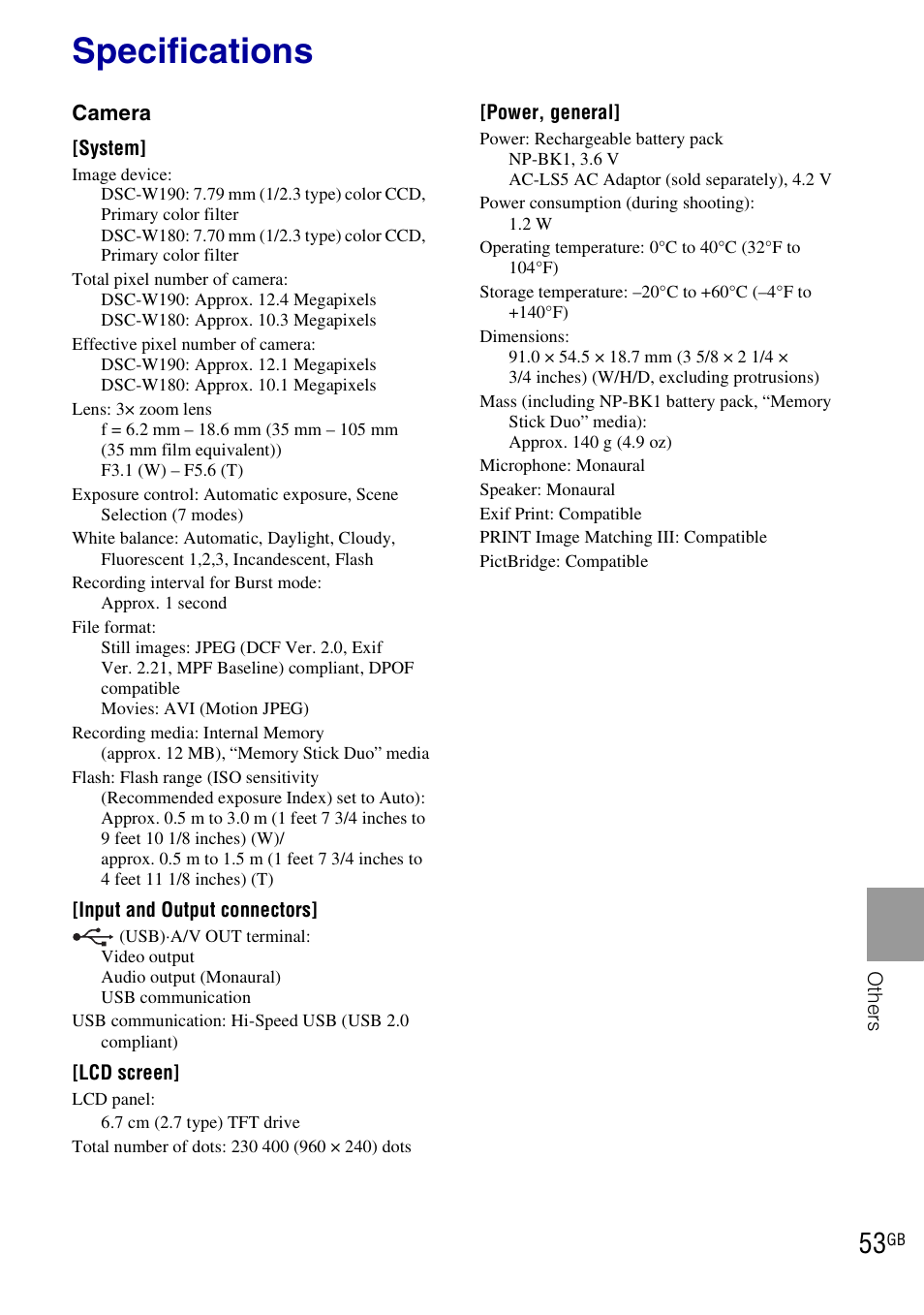 Specifications | Sony DSC-W190 User Manual | Page 53 / 112
