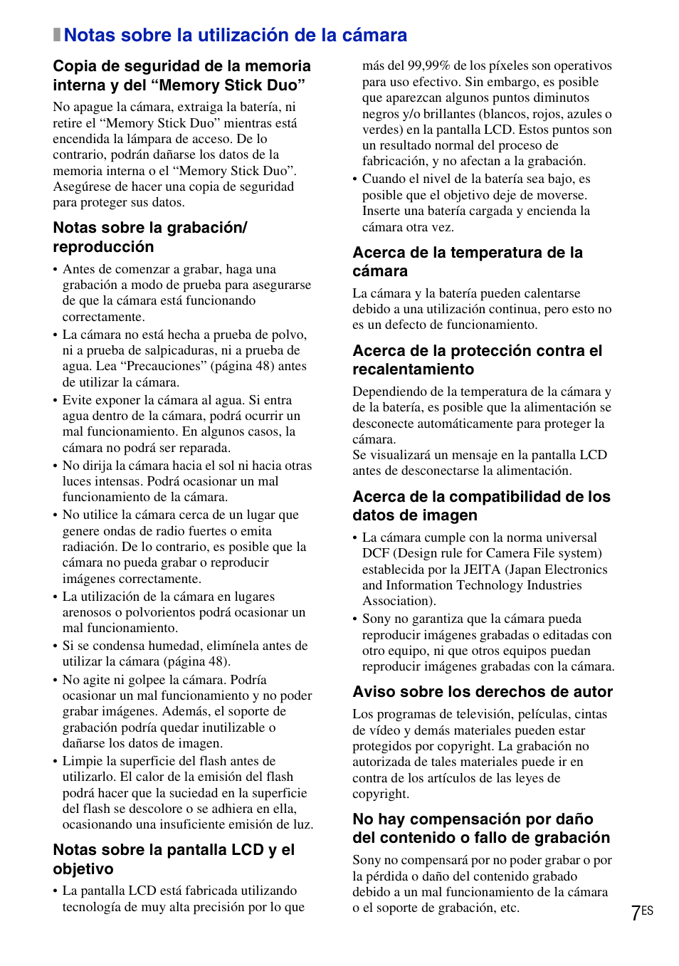Notas sobre la utilización de la cámara, Xnotas sobre la utilización de la cámara | Sony DSC-W190 User Manual | Page 61 / 112