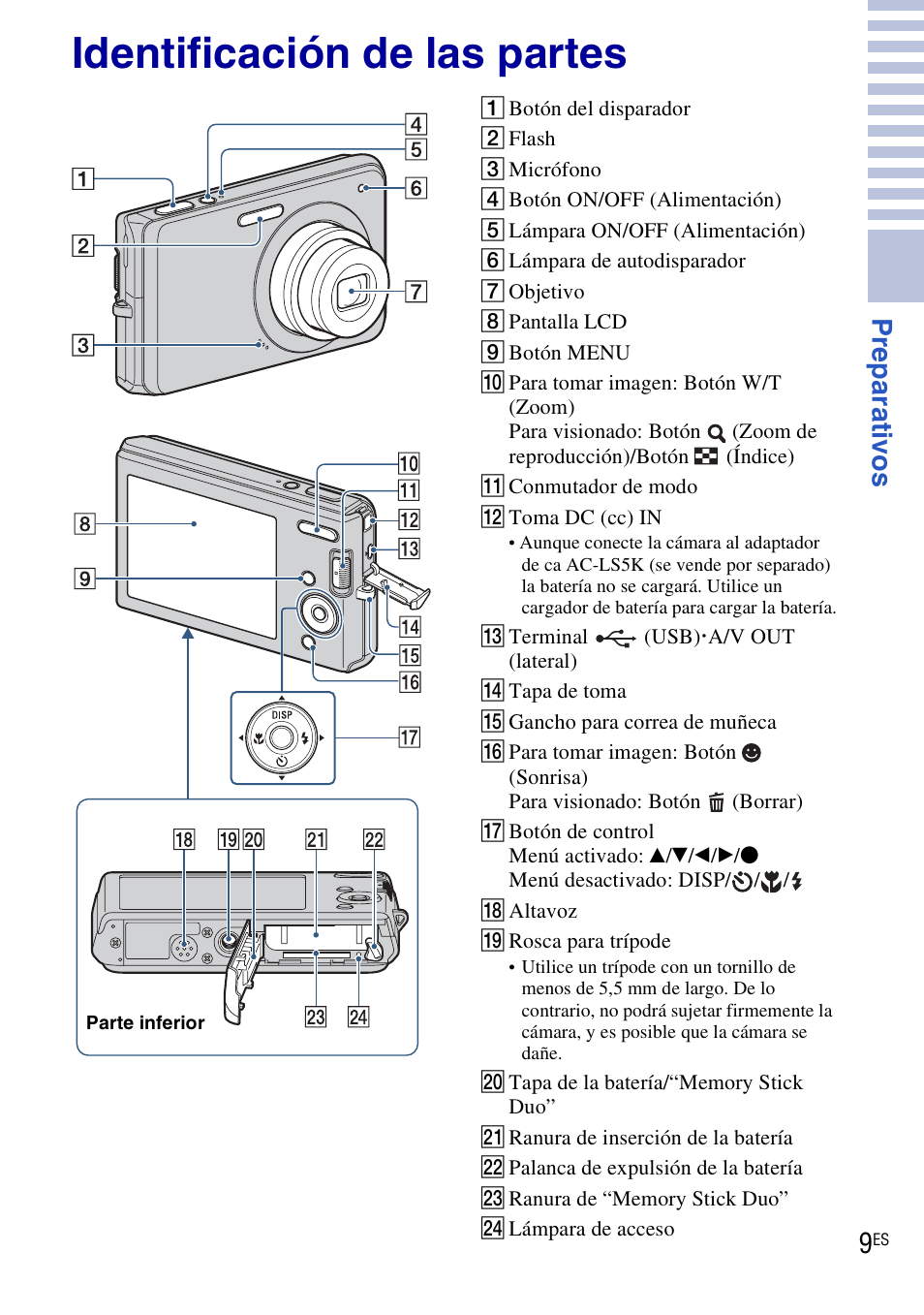 Identificación de las partes, Pr eparat ivo s | Sony DSC-W190 User Manual | Page 63 / 112
