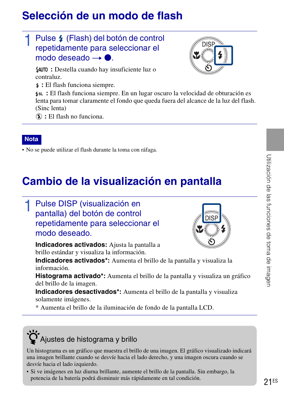 Selección de un modo de flash, Cambio de la visualización en pantalla | Sony DSC-W190 User Manual | Page 75 / 112