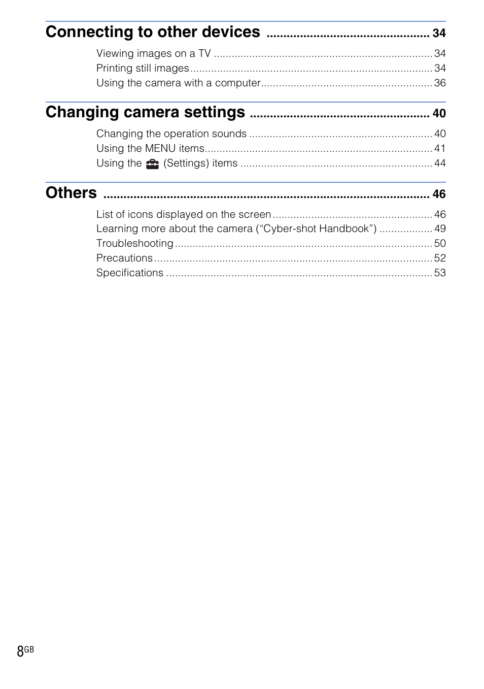 Connecting to other devices, Changing camera settings, Others | Sony DSC-W190 User Manual | Page 8 / 112