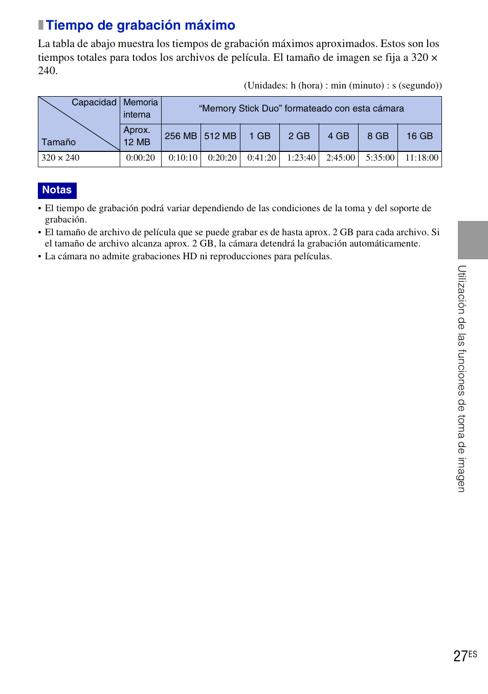 Xtiempo de grabación máximo | Sony DSC-W190 User Manual | Page 81 / 112