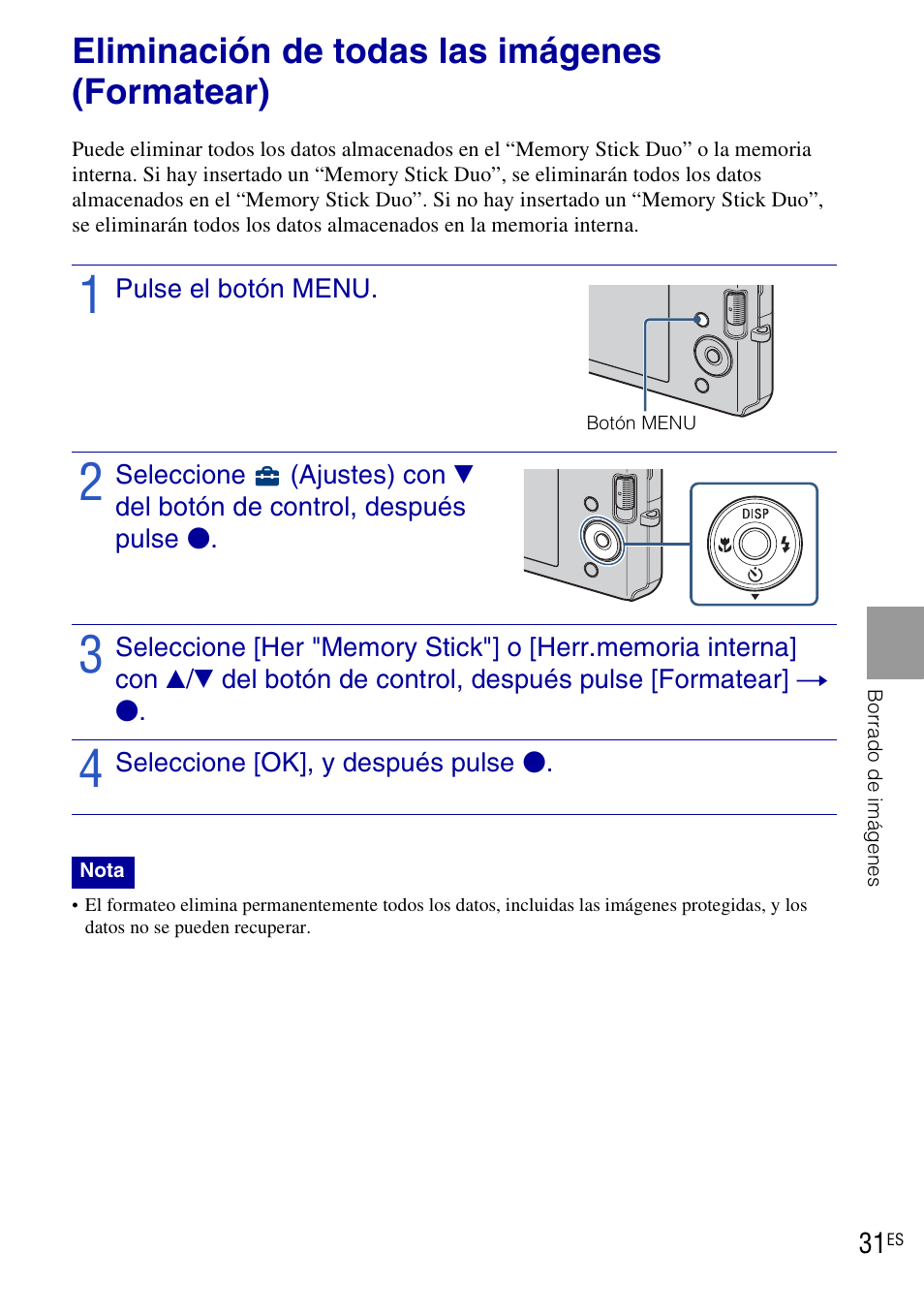 Eliminación de todas las imágenes (formatear) | Sony DSC-W190 User Manual | Page 85 / 112