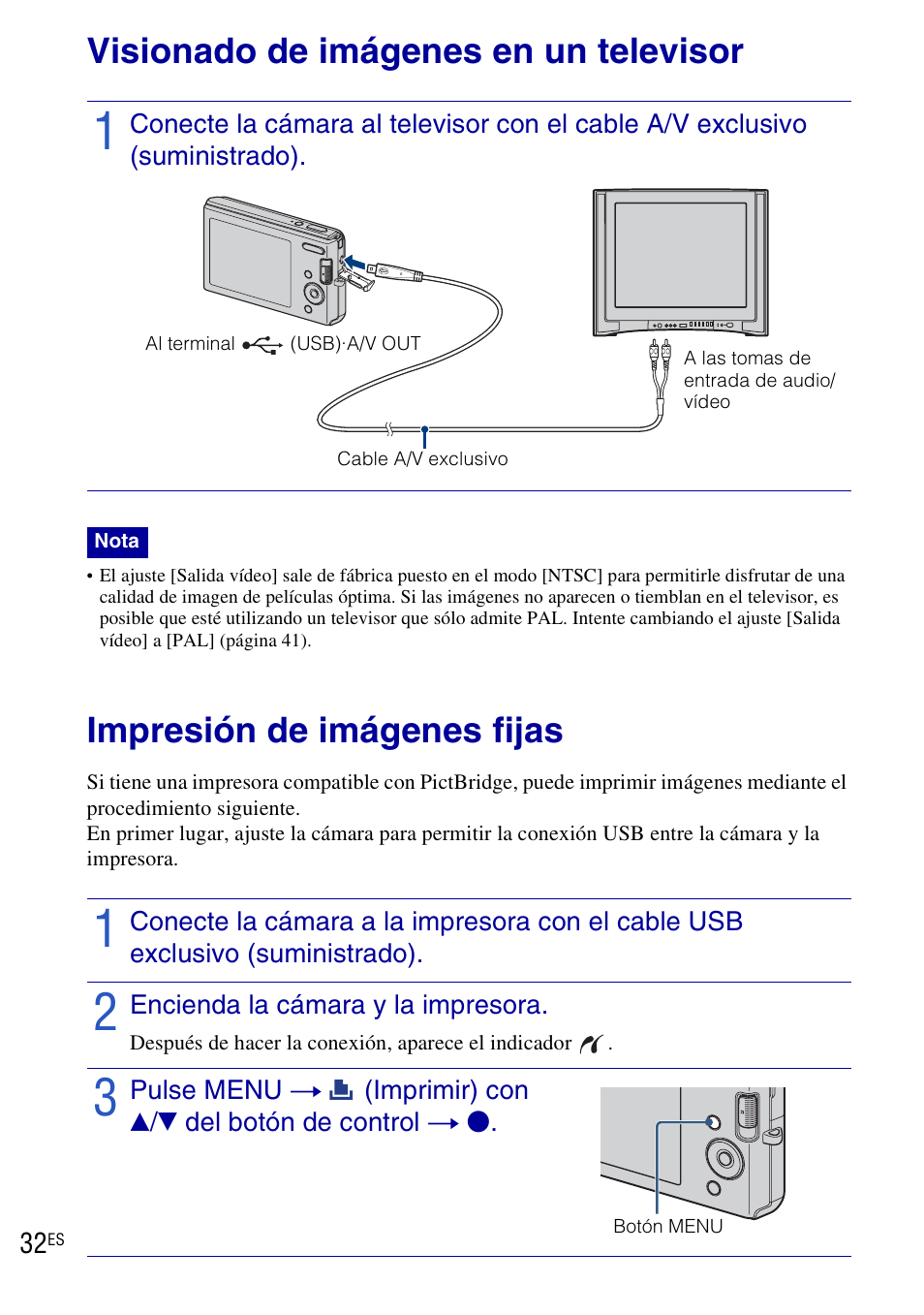 Conexión a otros dispositivos, Visionado de imágenes en un televisor, Impresión de imágenes fijas | Sony DSC-W190 User Manual | Page 86 / 112