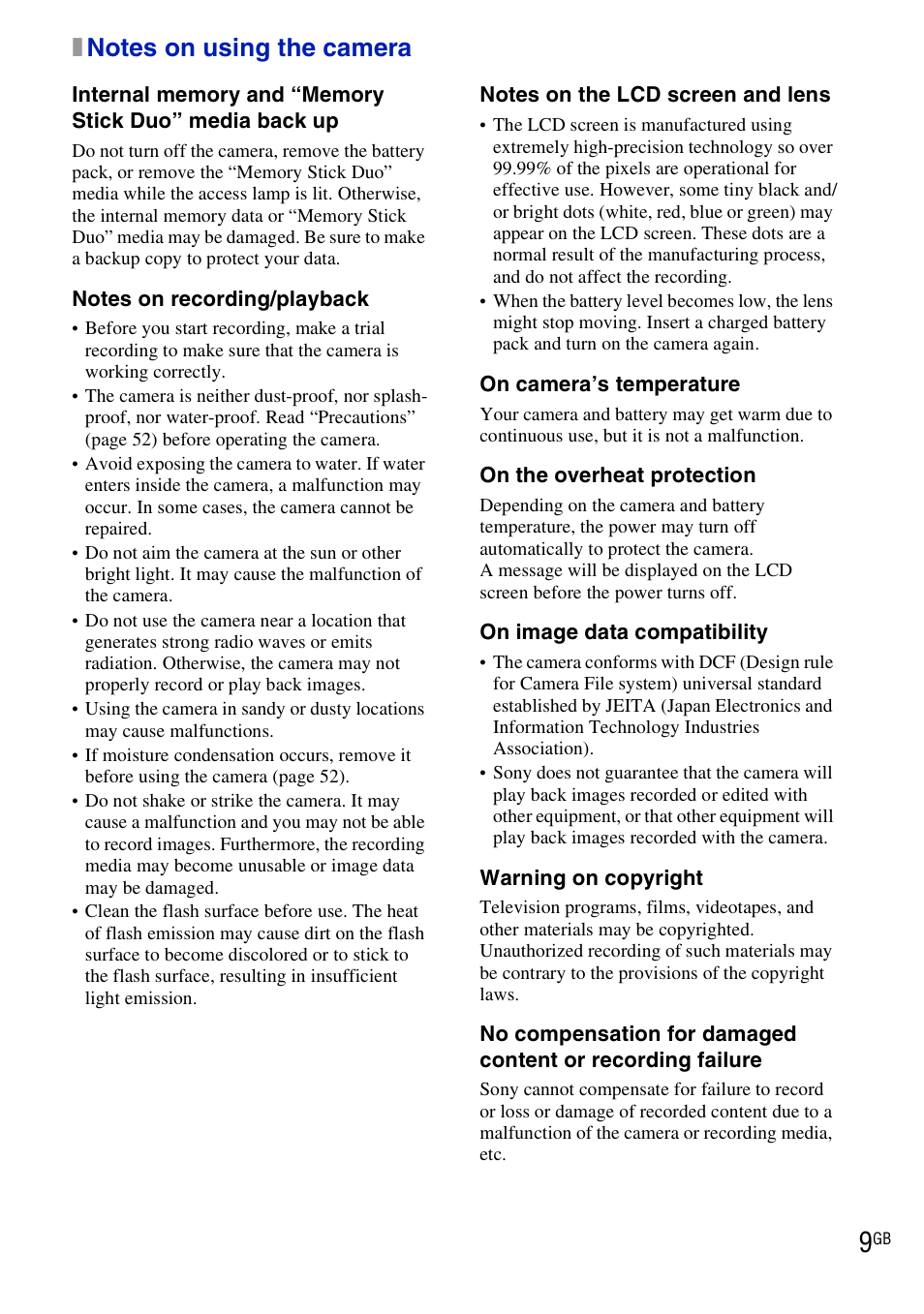 Notes on using the camera | Sony DSC-W190 User Manual | Page 9 / 112
