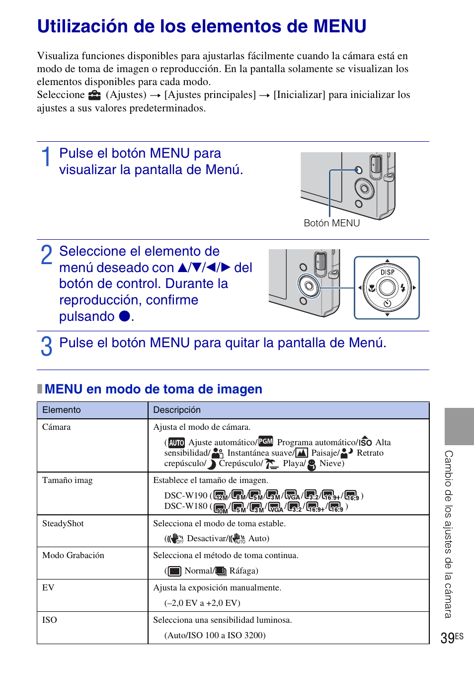 Utilización de los elementos de menu, Xmenu en modo de toma de imagen | Sony DSC-W190 User Manual | Page 93 / 112