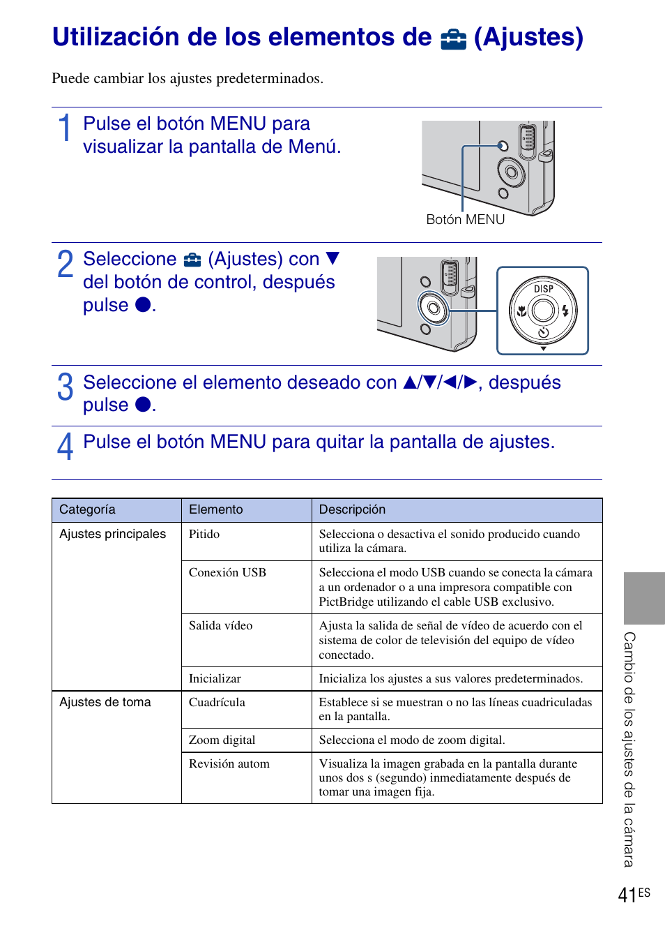 Utilización de los elementos de (ajustes), Utilización de los elementos de | Sony DSC-W190 User Manual | Page 95 / 112