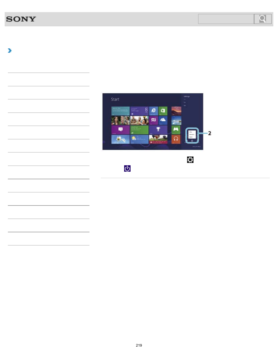 Entering sleep mode, shutting down, or restarting, How to use, Search | Sony SVL24145CXB User Manual | Page 219 / 541