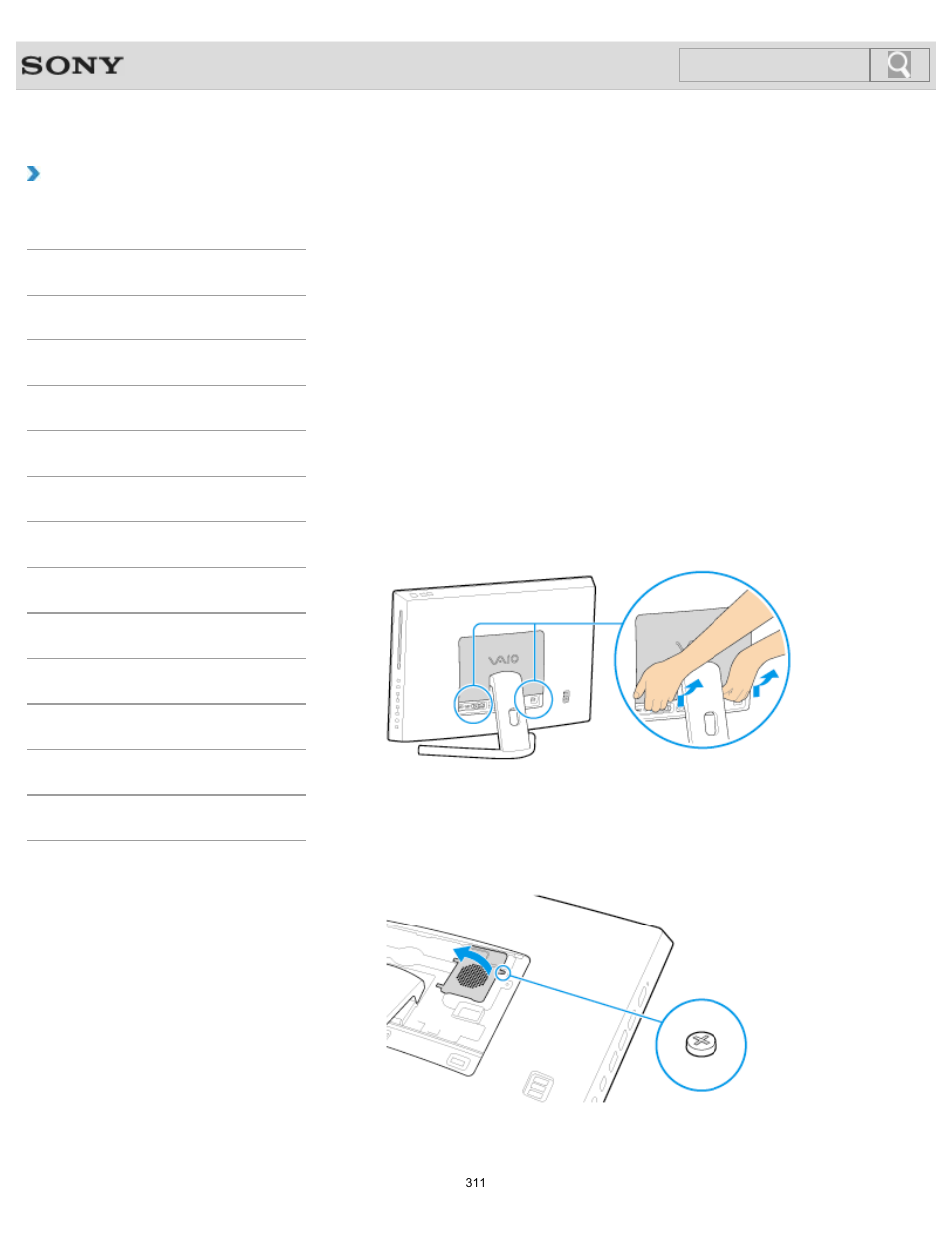 Adding and removing memory modules, How to use, Search | Sony SVL24145CXB User Manual | Page 311 / 541