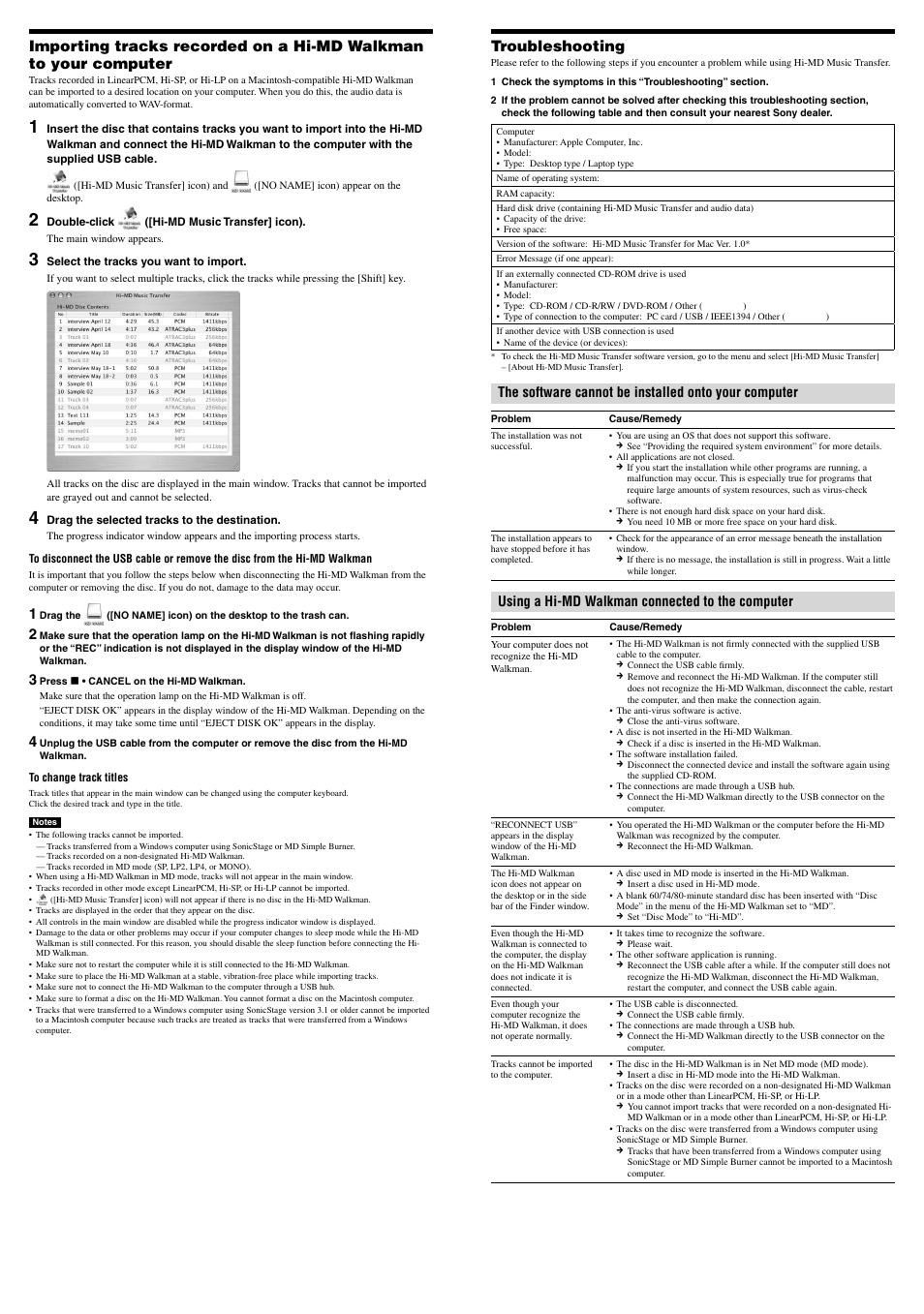 Troubleshooting, Using a hi-md walkman connected to the computer | Sony MZ-M200 User Manual | Page 2 / 2