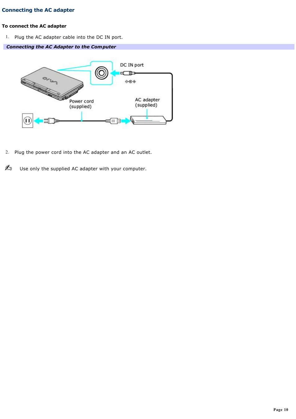 Connecting the ac adapter | Sony PCG-TR3AP2 User Manual | Page 10 / 199