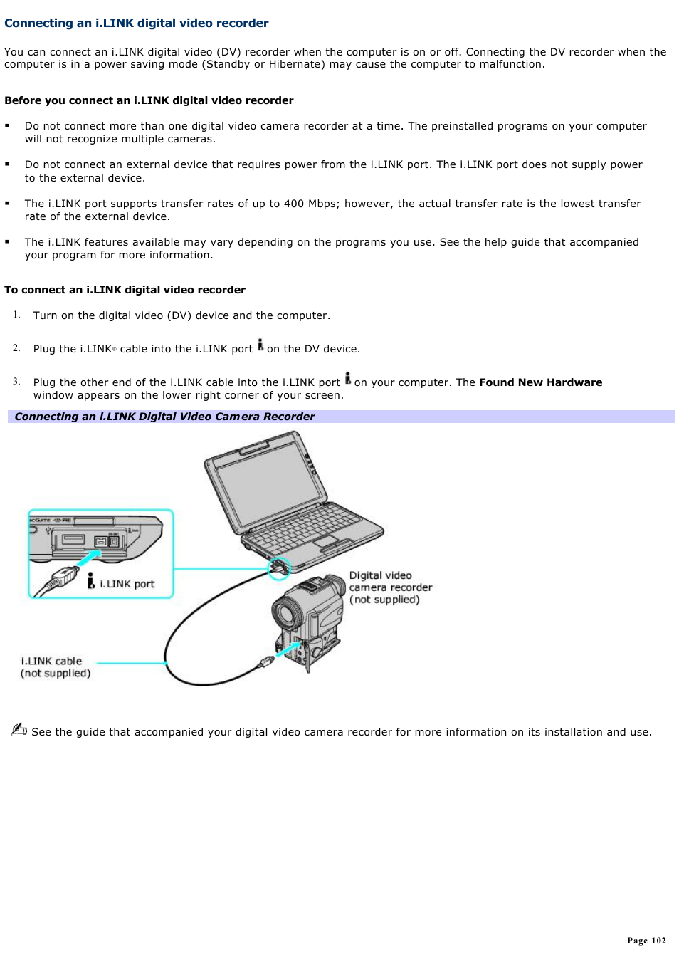 Connecting an i.link digital video recorder | Sony PCG-TR3AP2 User Manual | Page 102 / 199