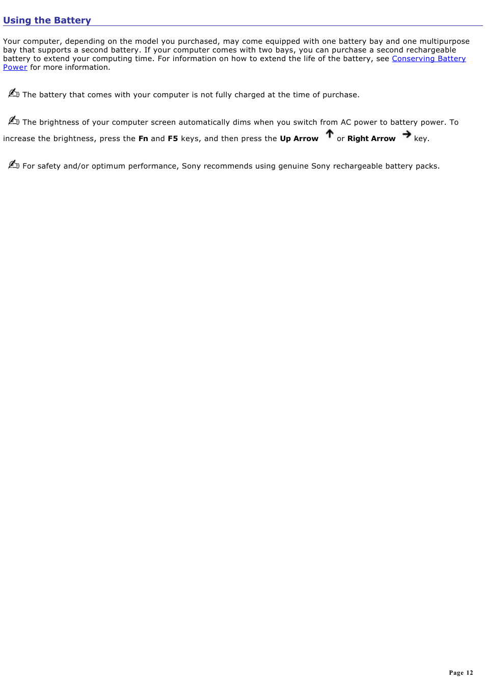Using the battery | Sony PCG-TR3AP2 User Manual | Page 12 / 199