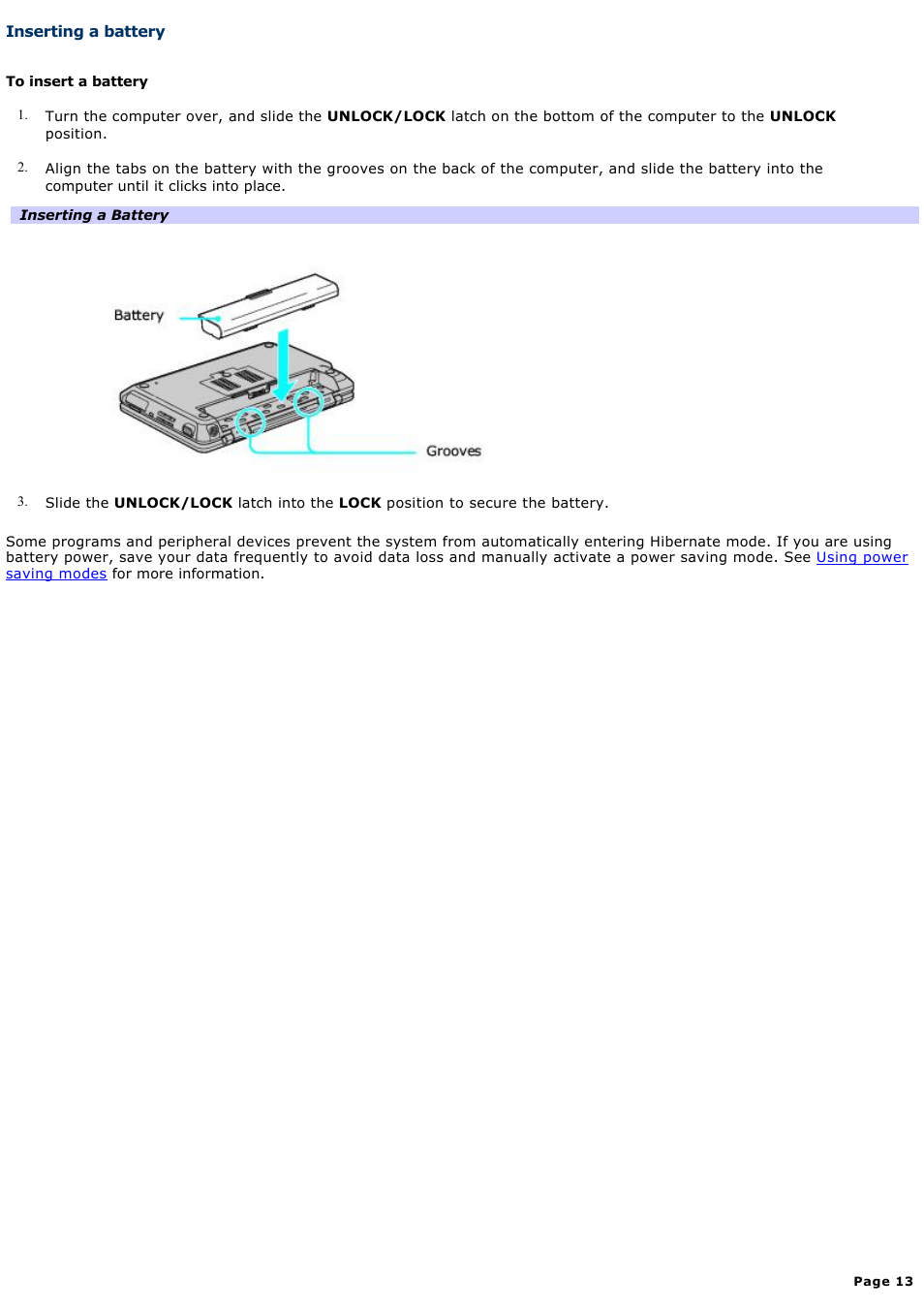 Inserting a battery | Sony PCG-TR3AP2 User Manual | Page 13 / 199