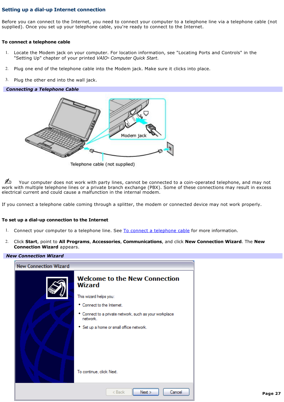 Setting up a dial-up internet connection | Sony PCG-TR3AP2 User Manual | Page 27 / 199