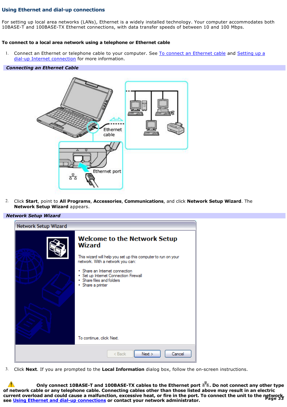 Using ethernet and dial-up connections | Sony PCG-TR3AP2 User Manual | Page 33 / 199