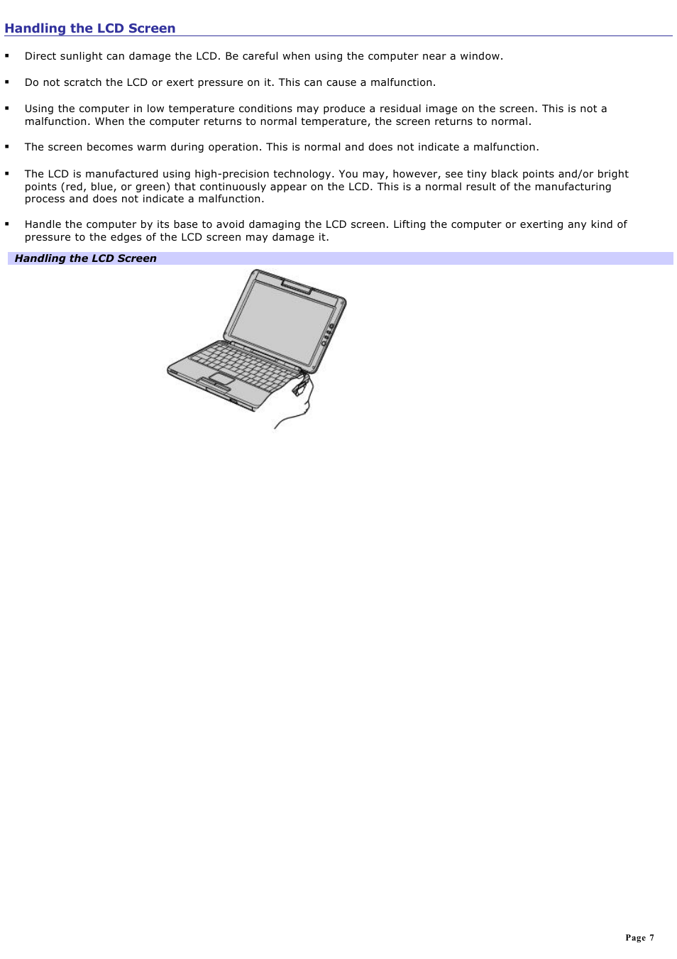 Handling the lcd screen | Sony PCG-TR3AP2 User Manual | Page 7 / 199