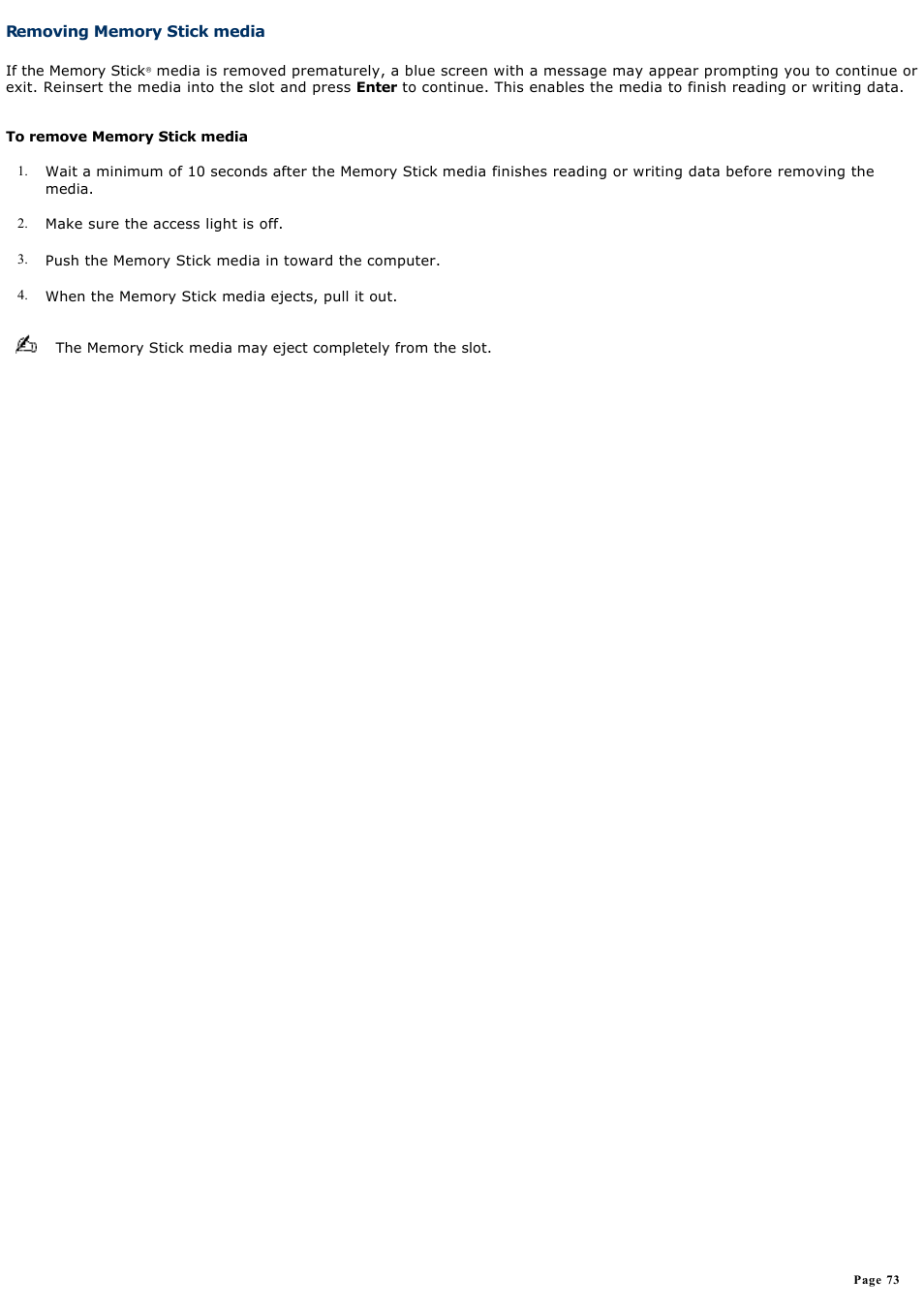 Removing memory stick media | Sony PCG-TR3AP2 User Manual | Page 73 / 199
