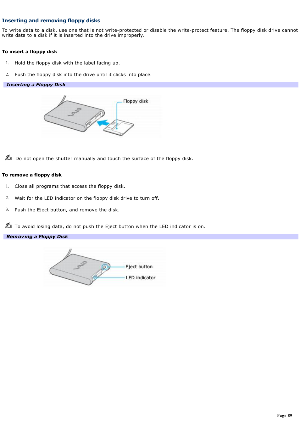 Inserting and removing floppy disks | Sony PCG-TR3AP2 User Manual | Page 89 / 199